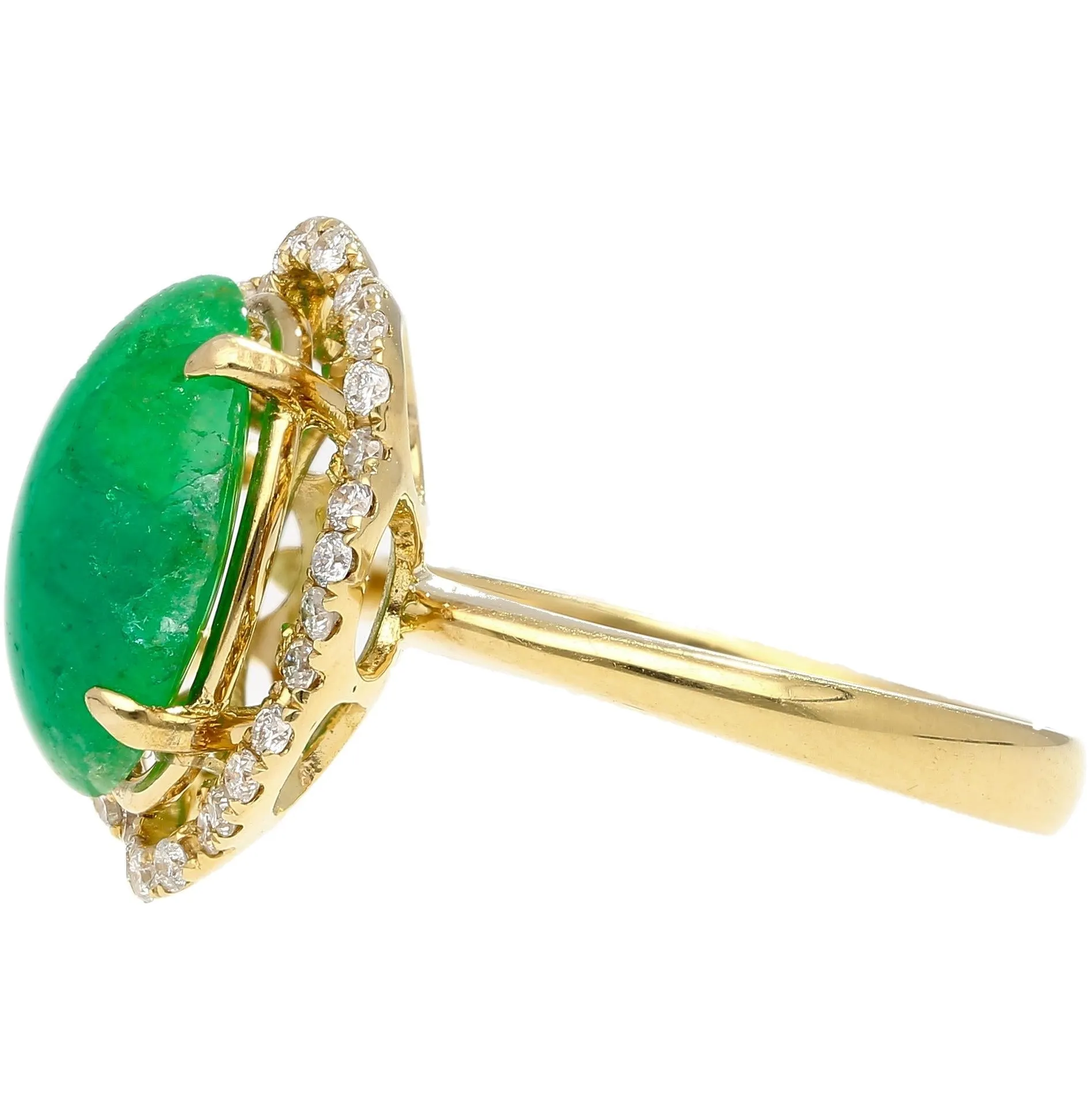 3.6 Carat Cabochon Emerald and Diamond Flower Halo 18K Gold Ring