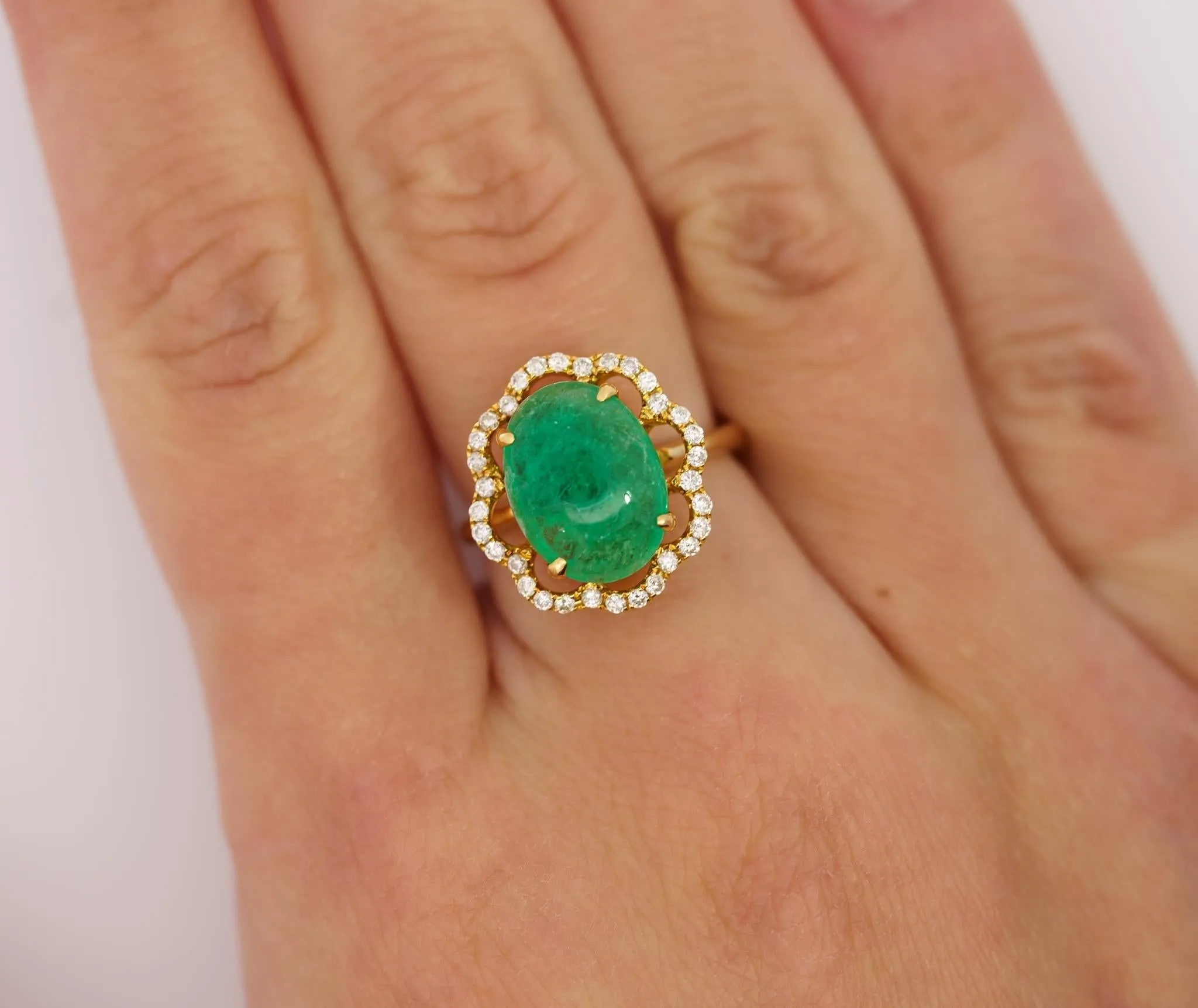 3.6 Carat Cabochon Emerald and Diamond Flower Halo 18K Gold Ring