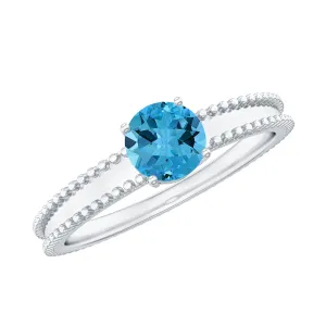 5 MM Solitaire Swiss Blue Topaz Band Ring with Beaded Embellishment