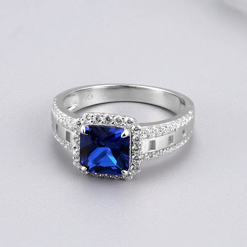 7*7mm Square Blue Crystal Soleste Halo Silver Ring for Women