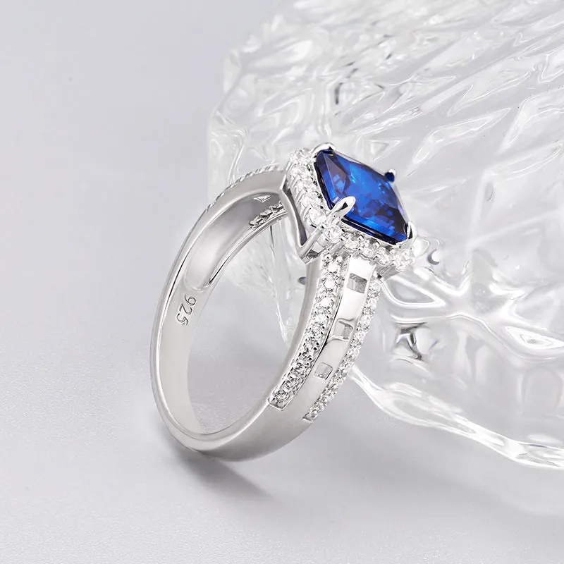 7*7mm Square Blue Crystal Soleste Halo Silver Ring for Women