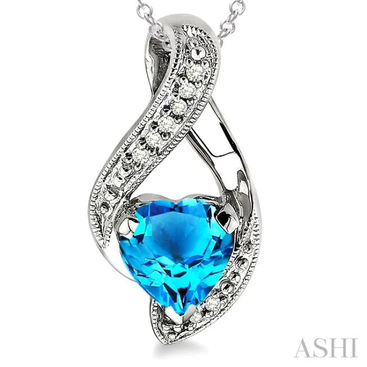 7x7MM Heart Shape Blue Topaz and 1/20 Ctw Single Cut Diamond Pendant in Sterling Silver with Chain