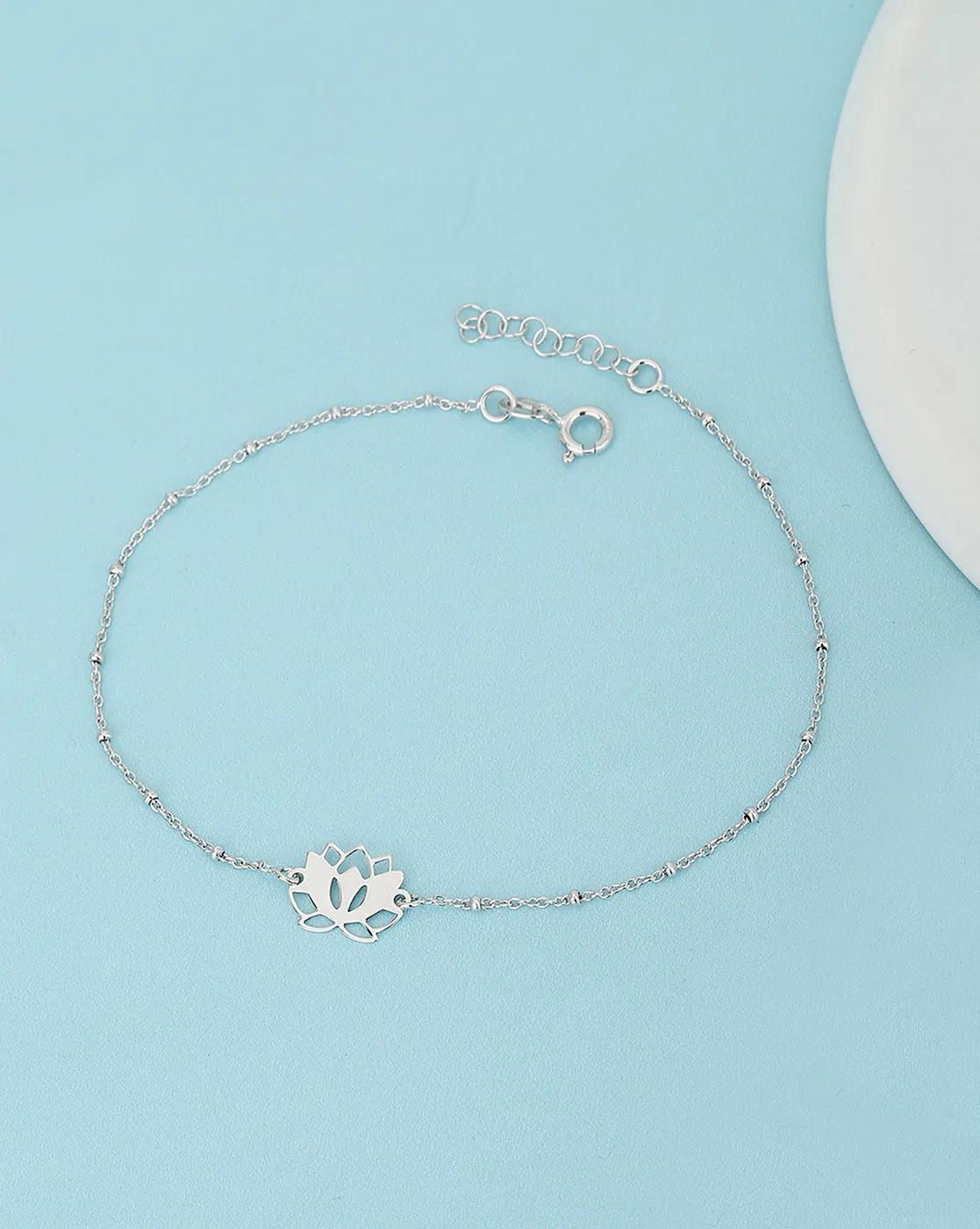 925 Sterling Silver Inline Floral With Rhodium Plated Adjustable Anklet