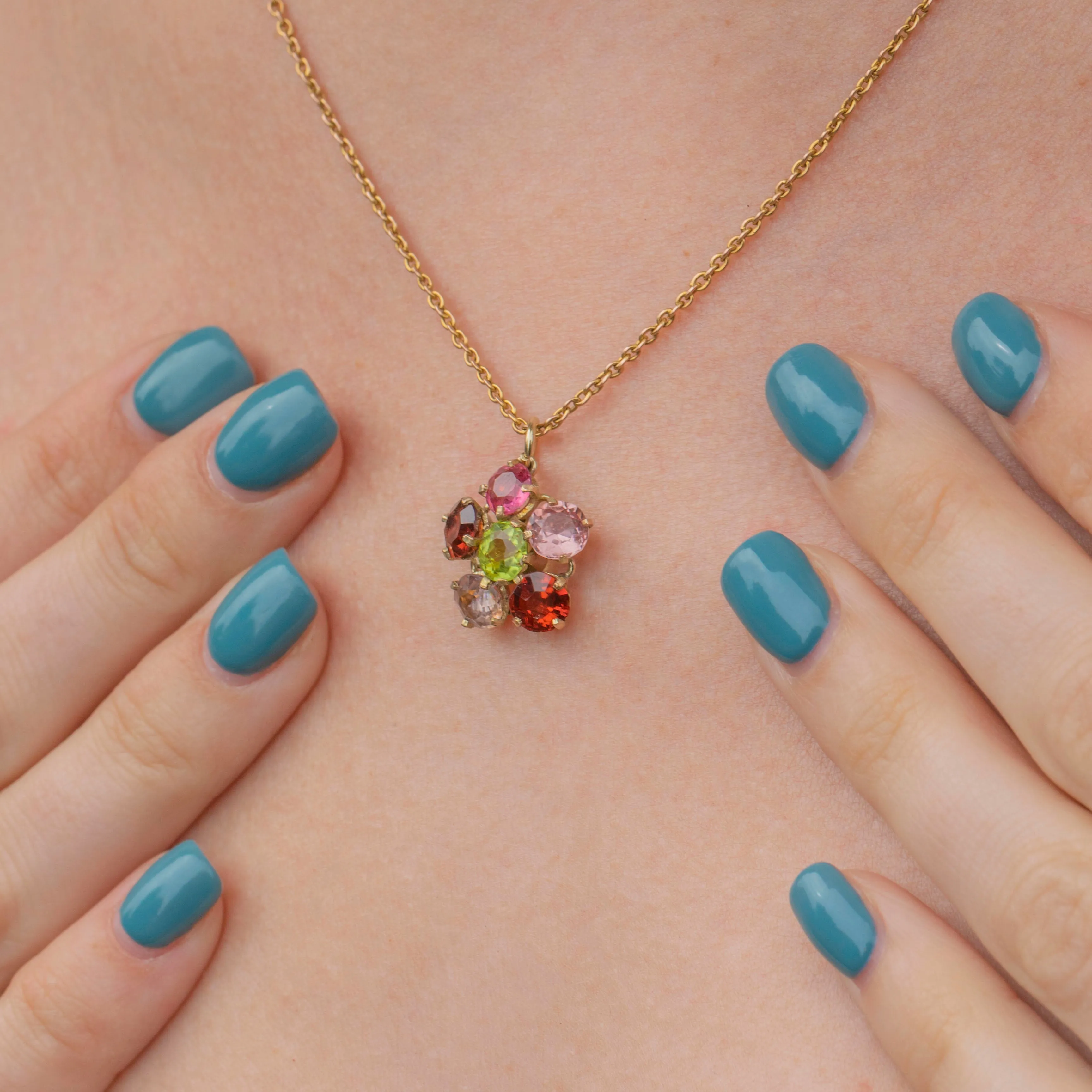 9ct Gold Pink Topaz, Pink Sapphire & Green Garnet Pendant