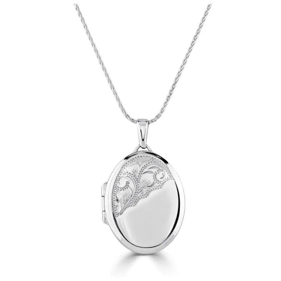 9ct White Gold Half Engraved Oval Locket