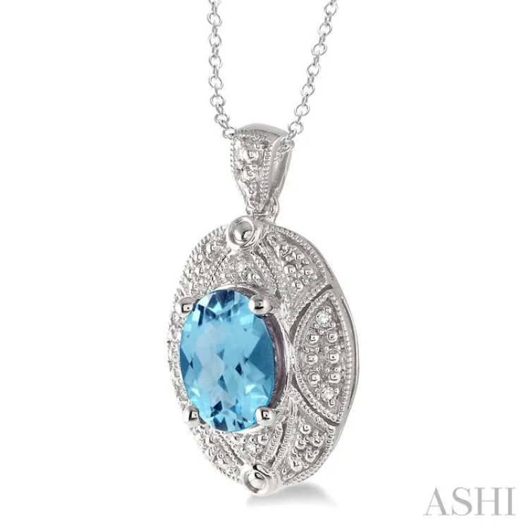 9x7  MM Oval Cut Blue Topaz and 1/50 ctw Single Cut Diamond Pendant in Sterling Silver with Chain