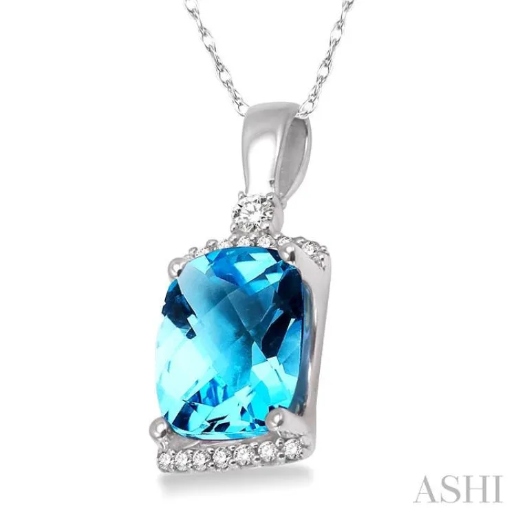 9x7MM Cushion Cut Blue Topaz and 1/10 Ctw Round Cut Diamond Pendant in 14K White Gold with Chain