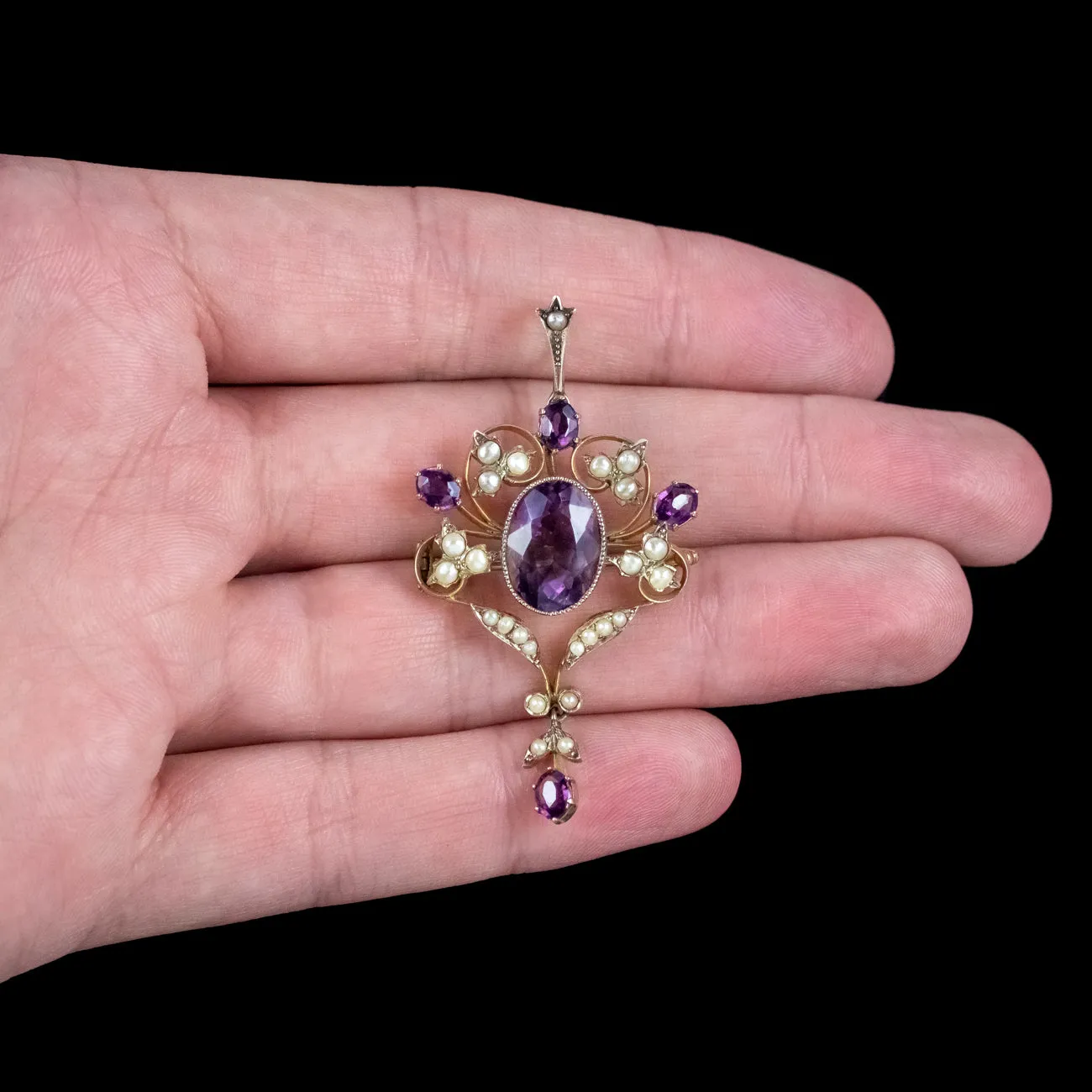 Antique Victorian Amethyst Pearl Ivy Pendant 15ct Gold