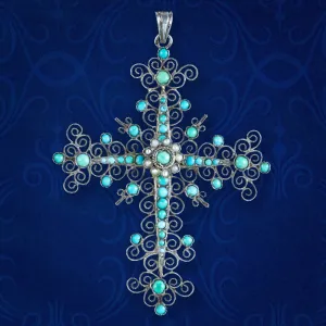 Antique Victorian French Turquoise Pearl Cross Pendant