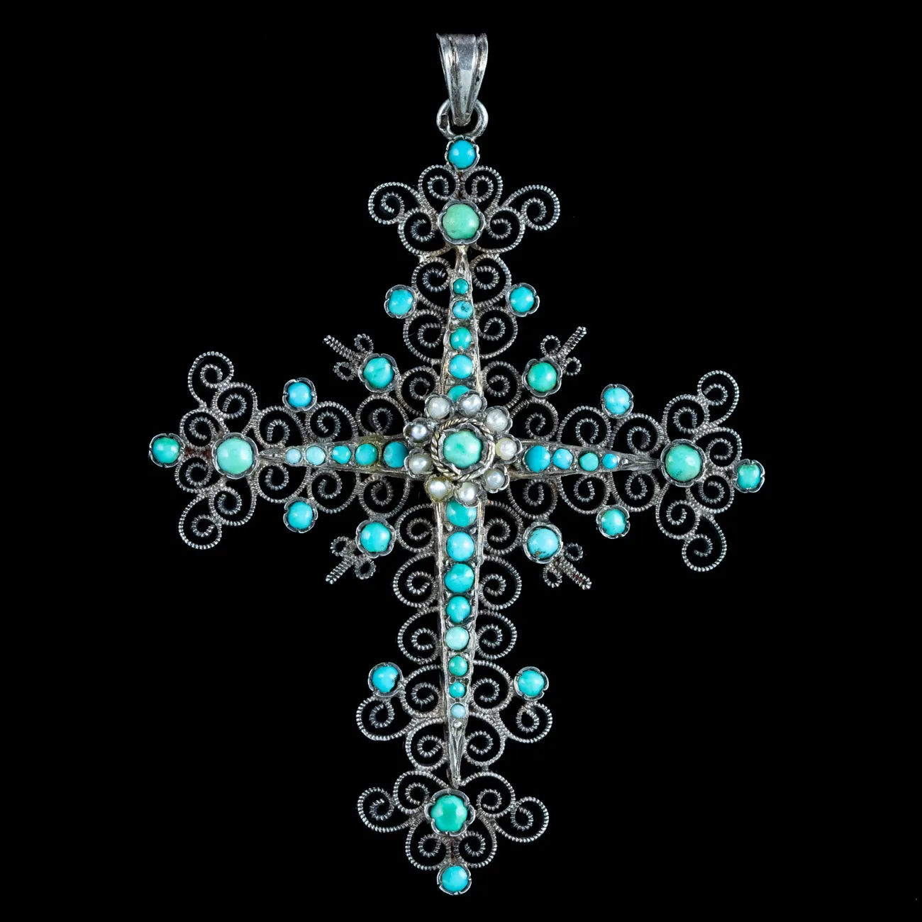 Antique Victorian French Turquoise Pearl Cross Pendant