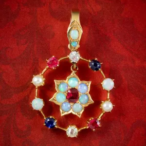 Antique Victorian Gemstone Harlequin Flower Pendant 18ct Gold