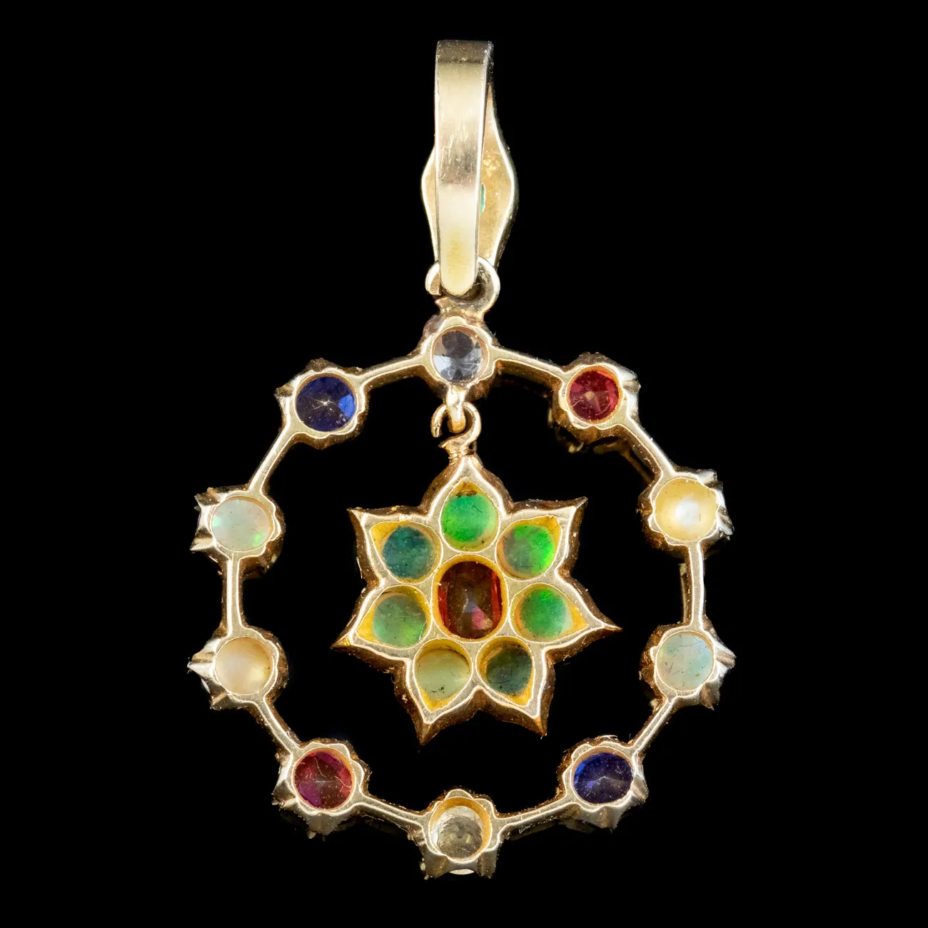 Antique Victorian Gemstone Harlequin Flower Pendant 18ct Gold