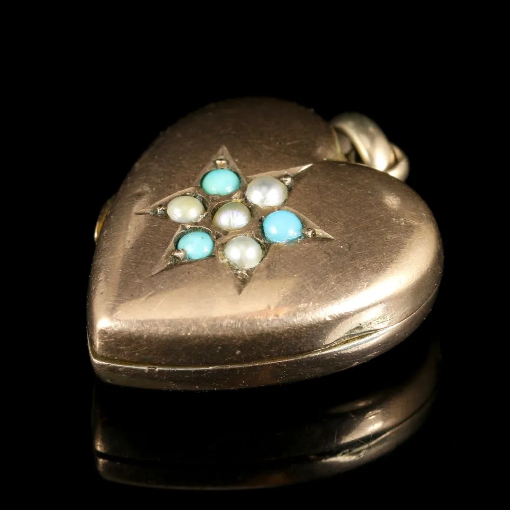 Antique Victorian Heart Locket Turquoise And Pearl Circa 1880