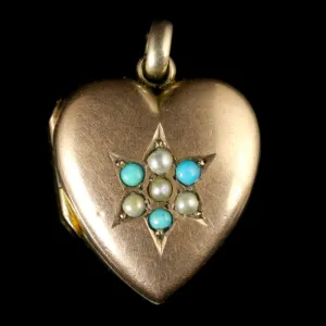 Antique Victorian Heart Locket Turquoise And Pearl Circa 1880