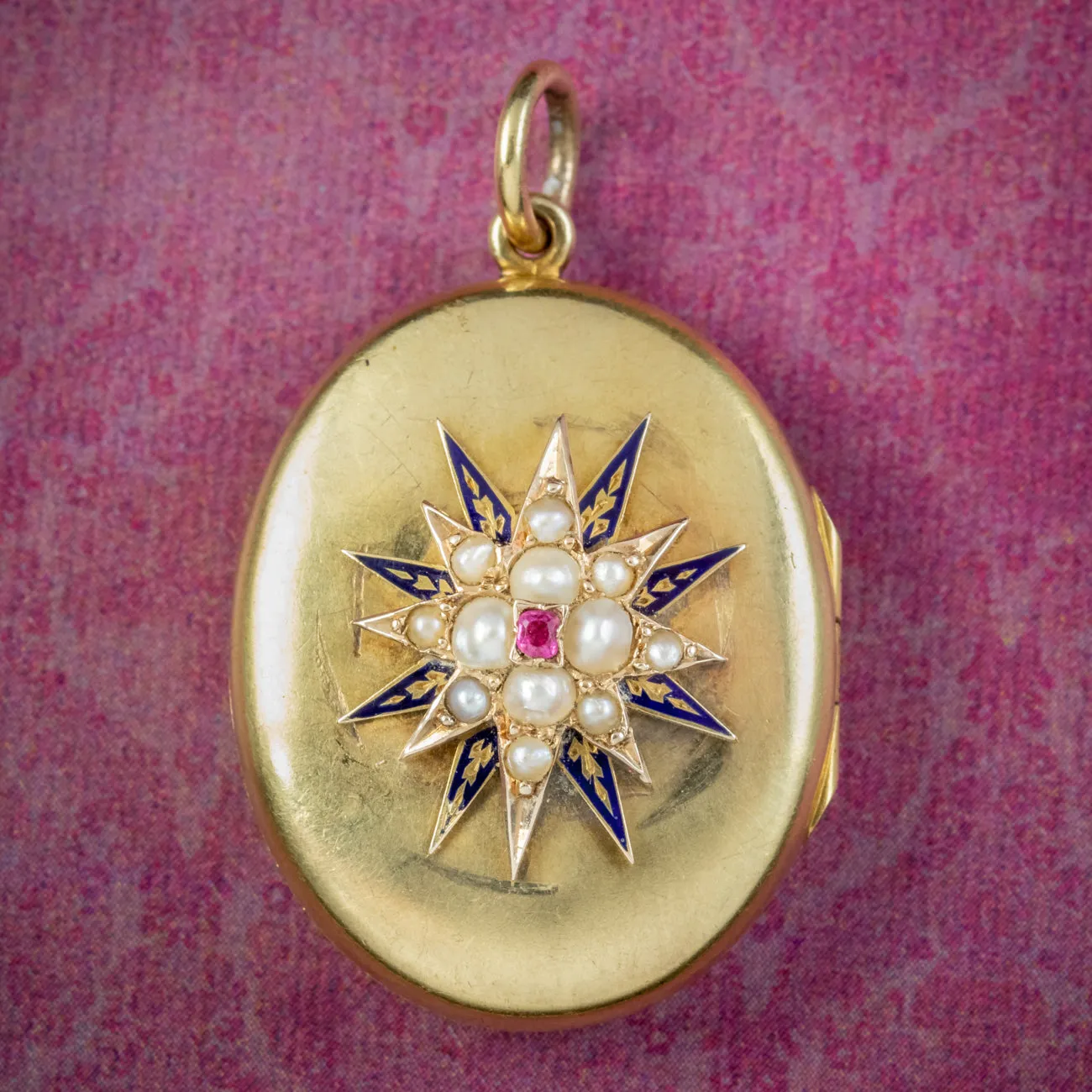 Antique Victorian Ruby Pearl Star Locket 15ct Gold