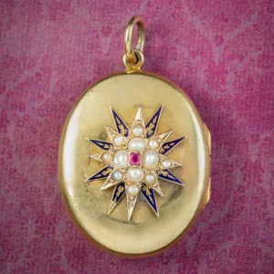 Antique Victorian Ruby Pearl Star Locket 15ct Gold