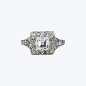 Art Deco Platinum French Cut Halo Ring