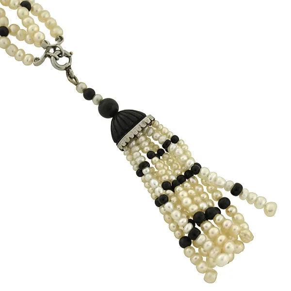 Art Deco Platinum, Natural Pearl & Enamel Bead Necklace w/ Tassel