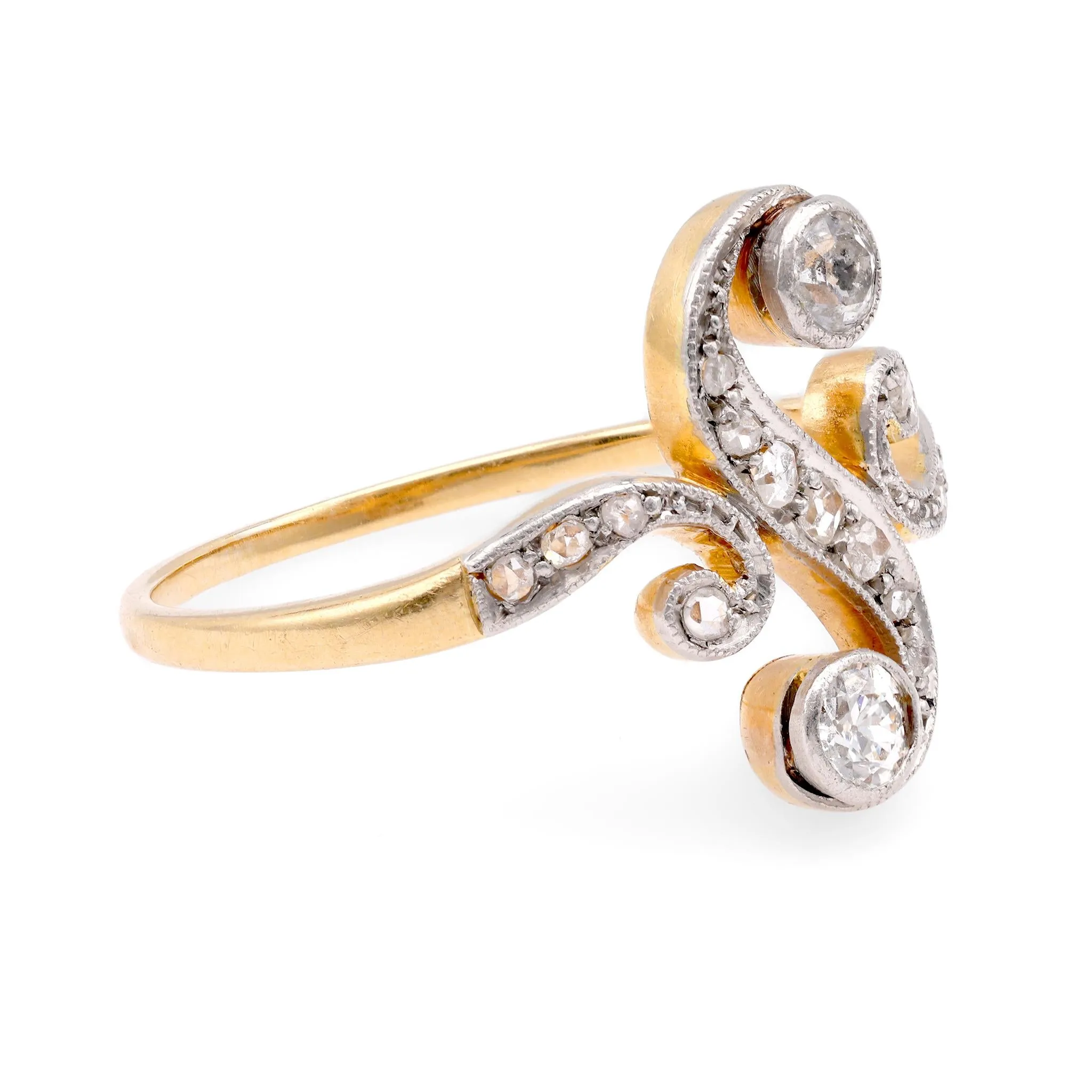 Belle Époque Diamond 18K Yellow Gold and Silver Swirl Ring