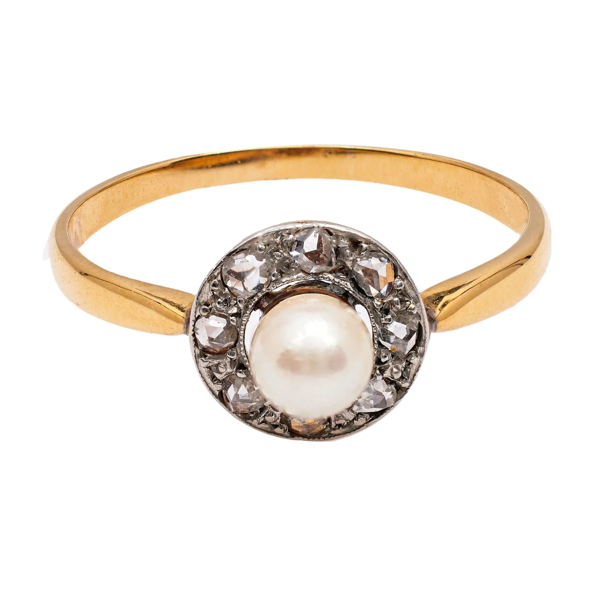 Belle Époque French Pearl Diamond 18k Yellow Gold Platinum Ring