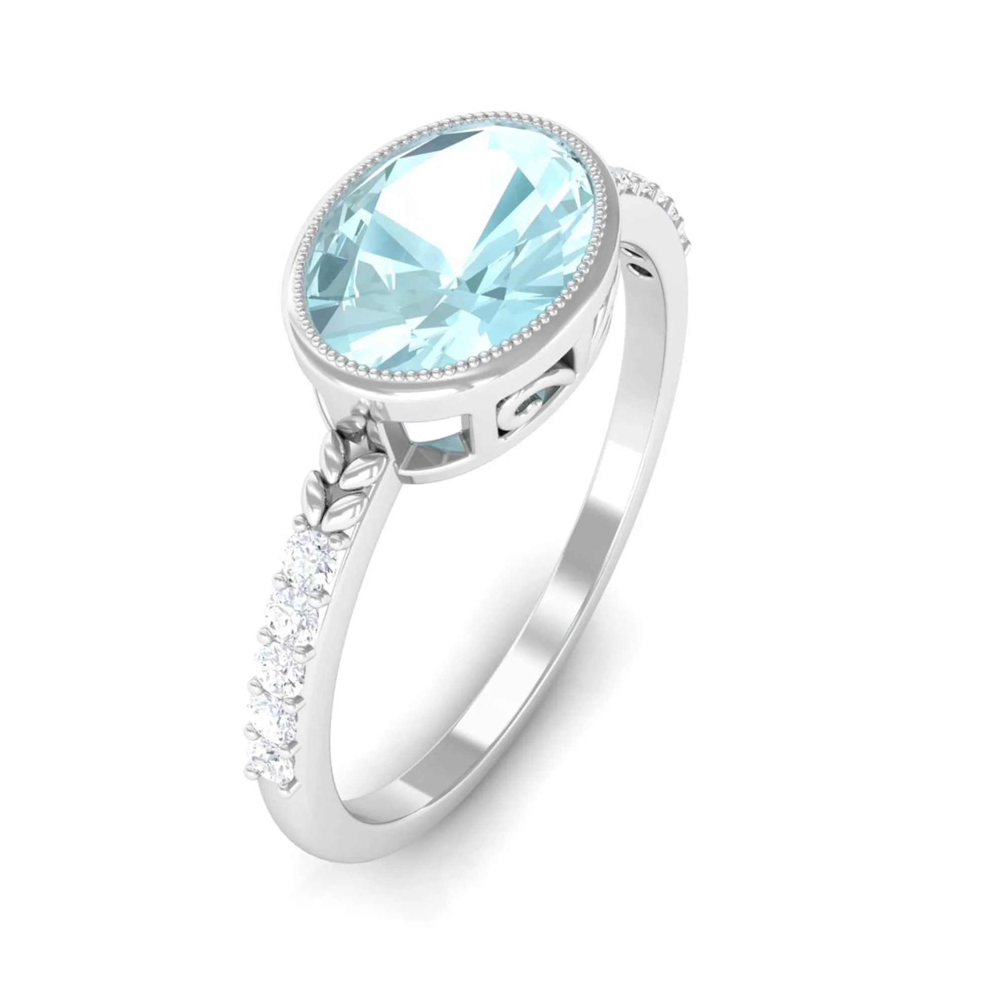 Bezel Set Oval Sky Blue Topaz East West Engagement Ring with Diamond