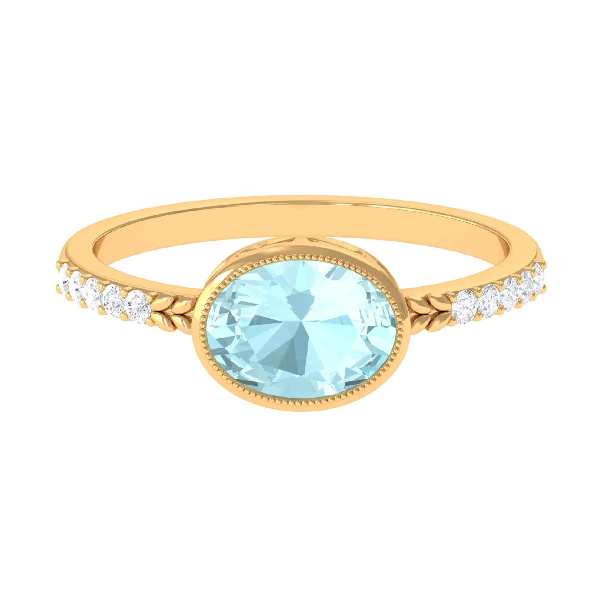 Bezel Set Oval Sky Blue Topaz East West Engagement Ring with Diamond