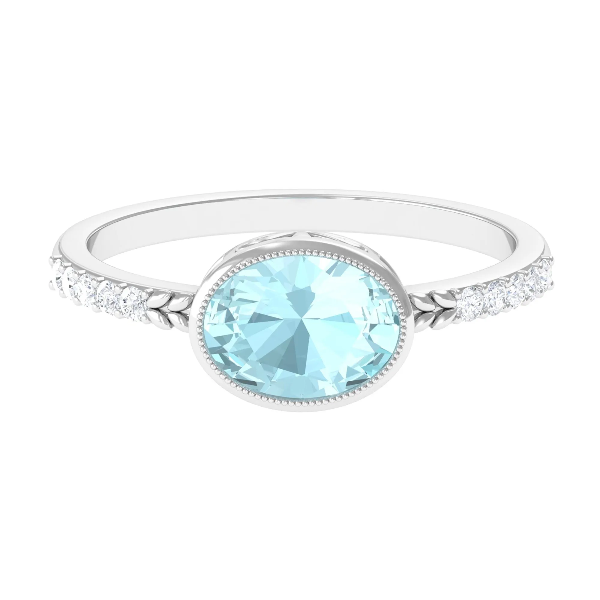 Bezel Set Oval Sky Blue Topaz East West Engagement Ring with Diamond