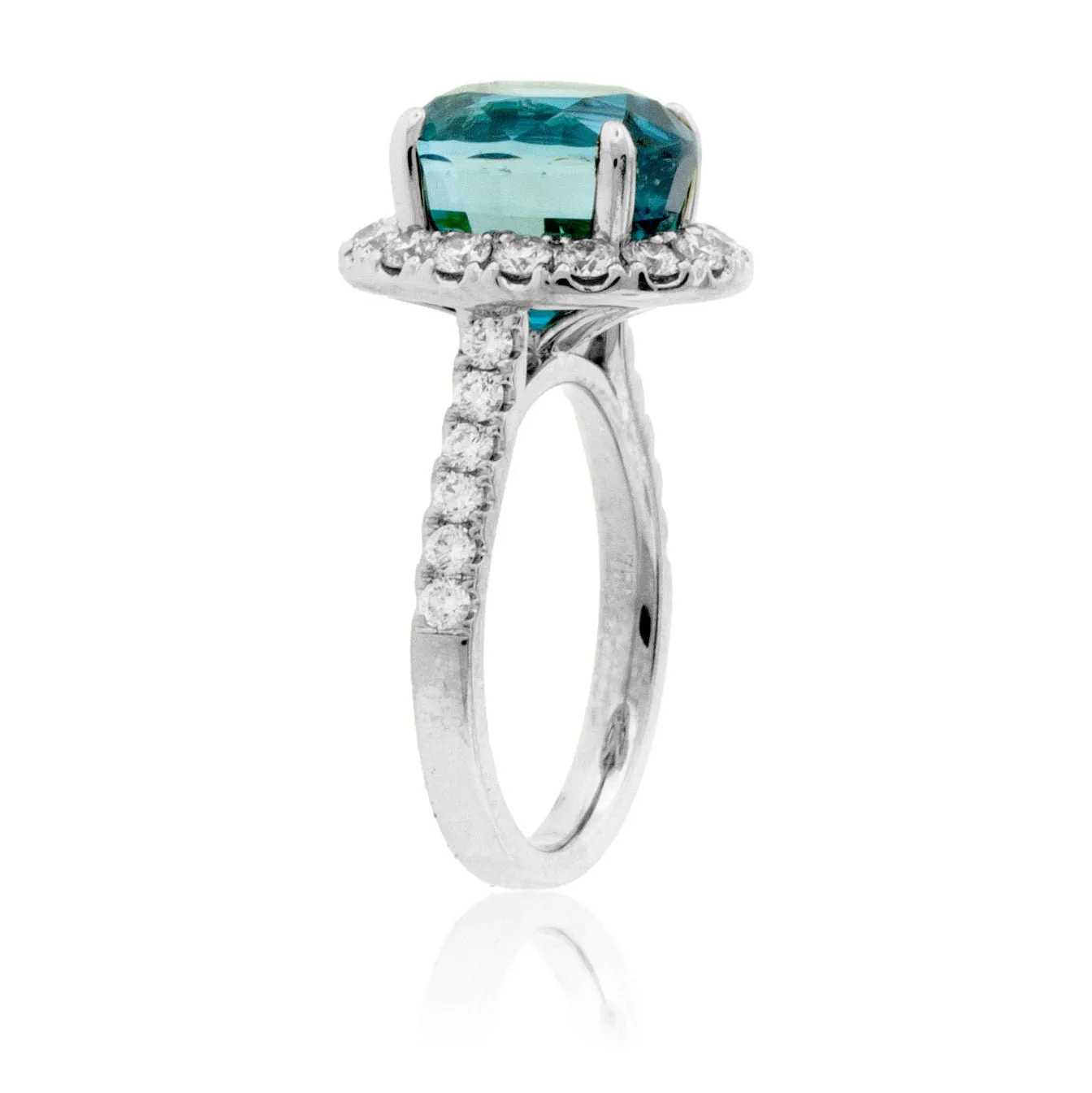 Blue Zircon, Diamond Halo and Diamond Accented Ring