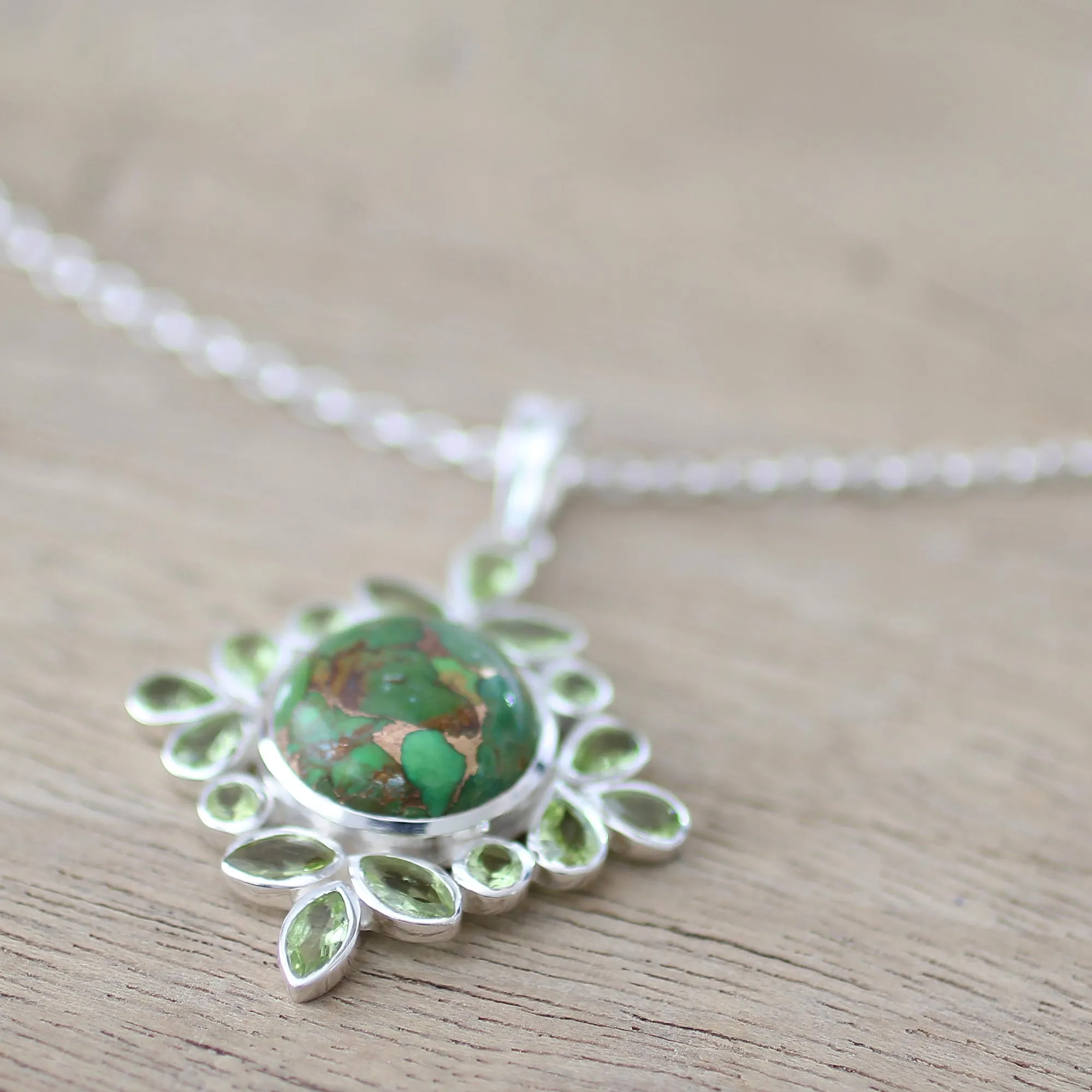 Bright Fascination Handcrafted Green Turquoise and Peridot Pendant Necklace