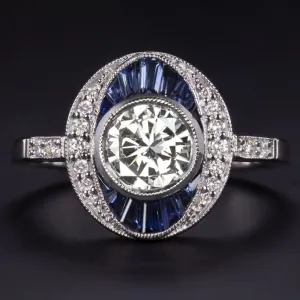 DIAMOND SAPPHIRE COCKTAIL RING VINTAGE STYLE 14k WHITE GOLD ROUND CUT HALO BEZEL