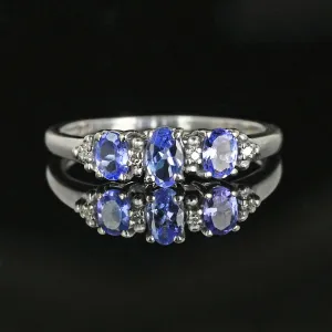 Diamond Three Stone Tanzanite Ring Band in White Gold