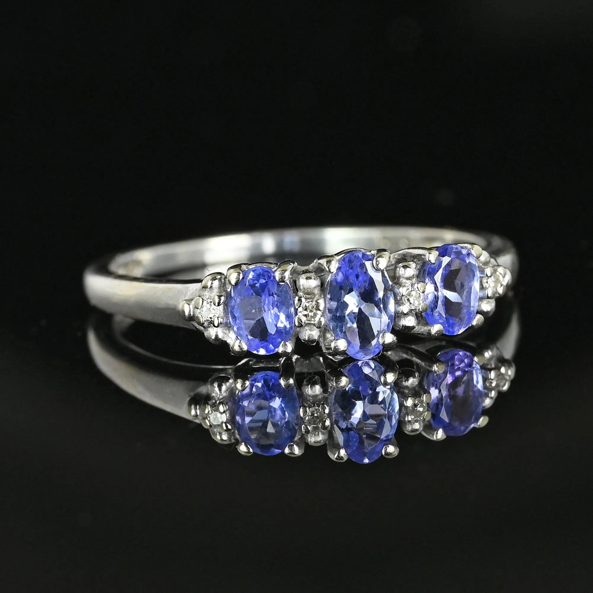 Diamond Three Stone Tanzanite Ring Band in White Gold