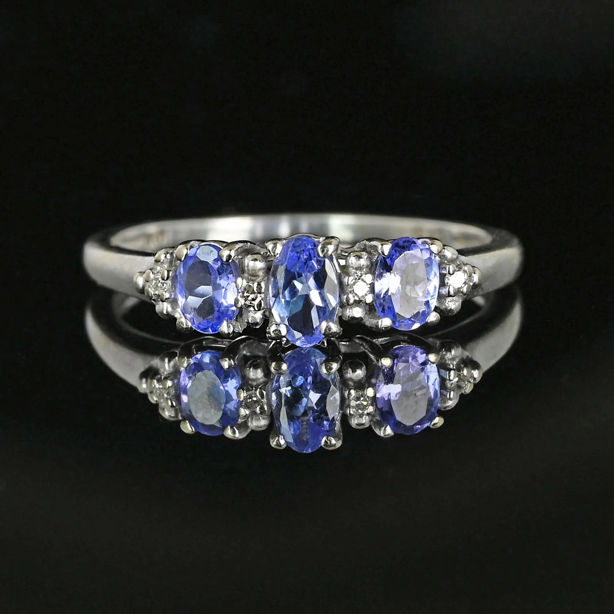 Diamond Three Stone Tanzanite Ring Band in White Gold