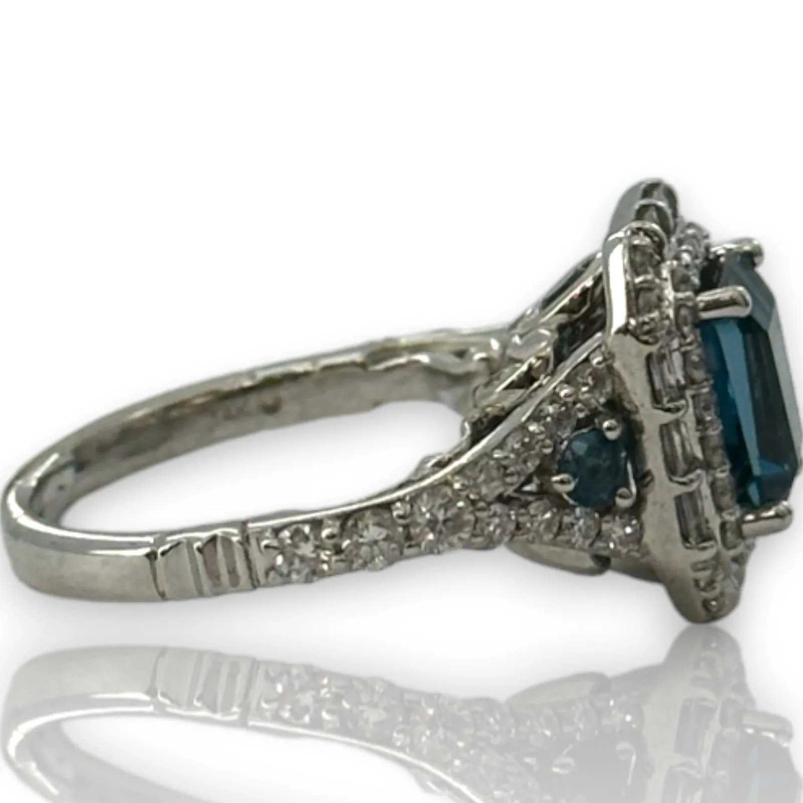 Disney Enchanted Cinderella 14kt Solid White Gold and Emerald Cut London Blue Topaz Ring with Double Diamond Halo and Diamond and Blue Topaz Accents Size 5.5