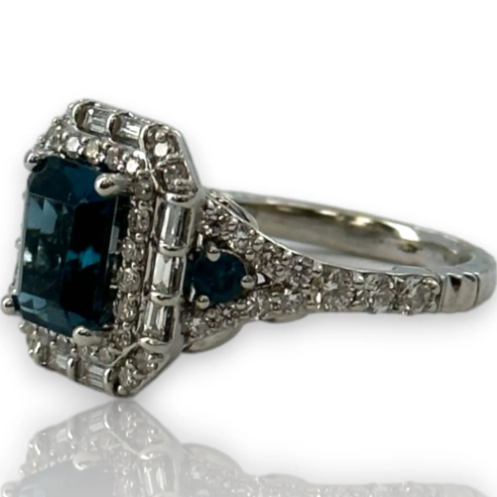 Disney Enchanted Cinderella 14kt Solid White Gold and Emerald Cut London Blue Topaz Ring with Double Diamond Halo and Diamond and Blue Topaz Accents Size 5.5