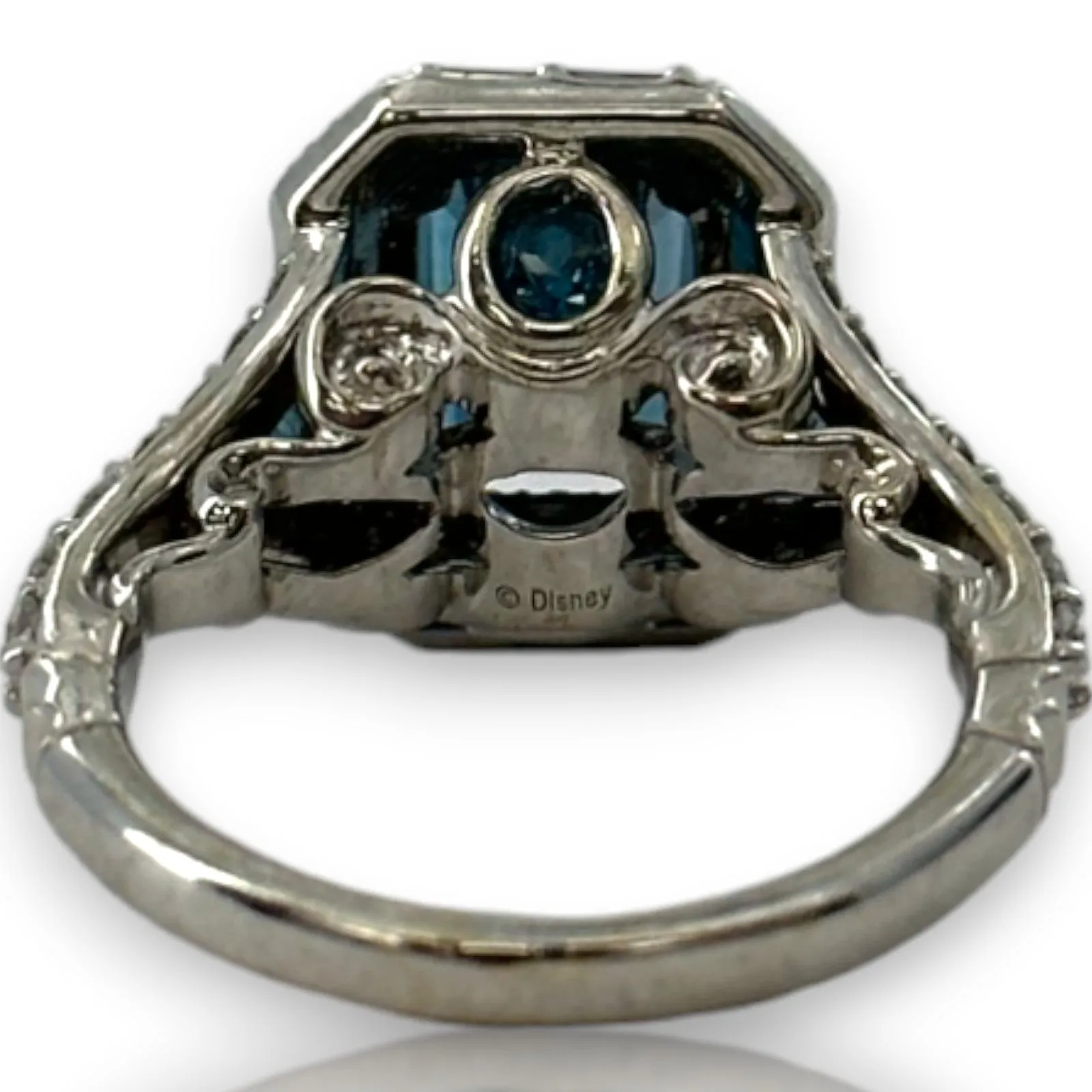 Disney Enchanted Cinderella 14kt Solid White Gold and Emerald Cut London Blue Topaz Ring with Double Diamond Halo and Diamond and Blue Topaz Accents Size 5.5