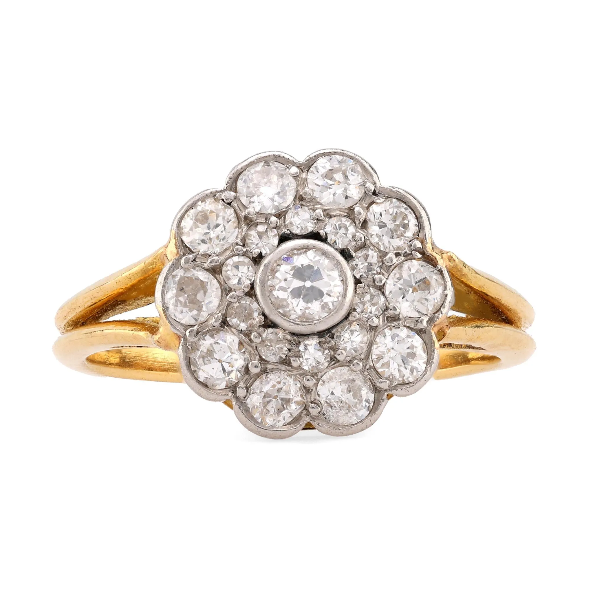 Edwardian French Diamond 18K Yellow Gold Cluster Ring