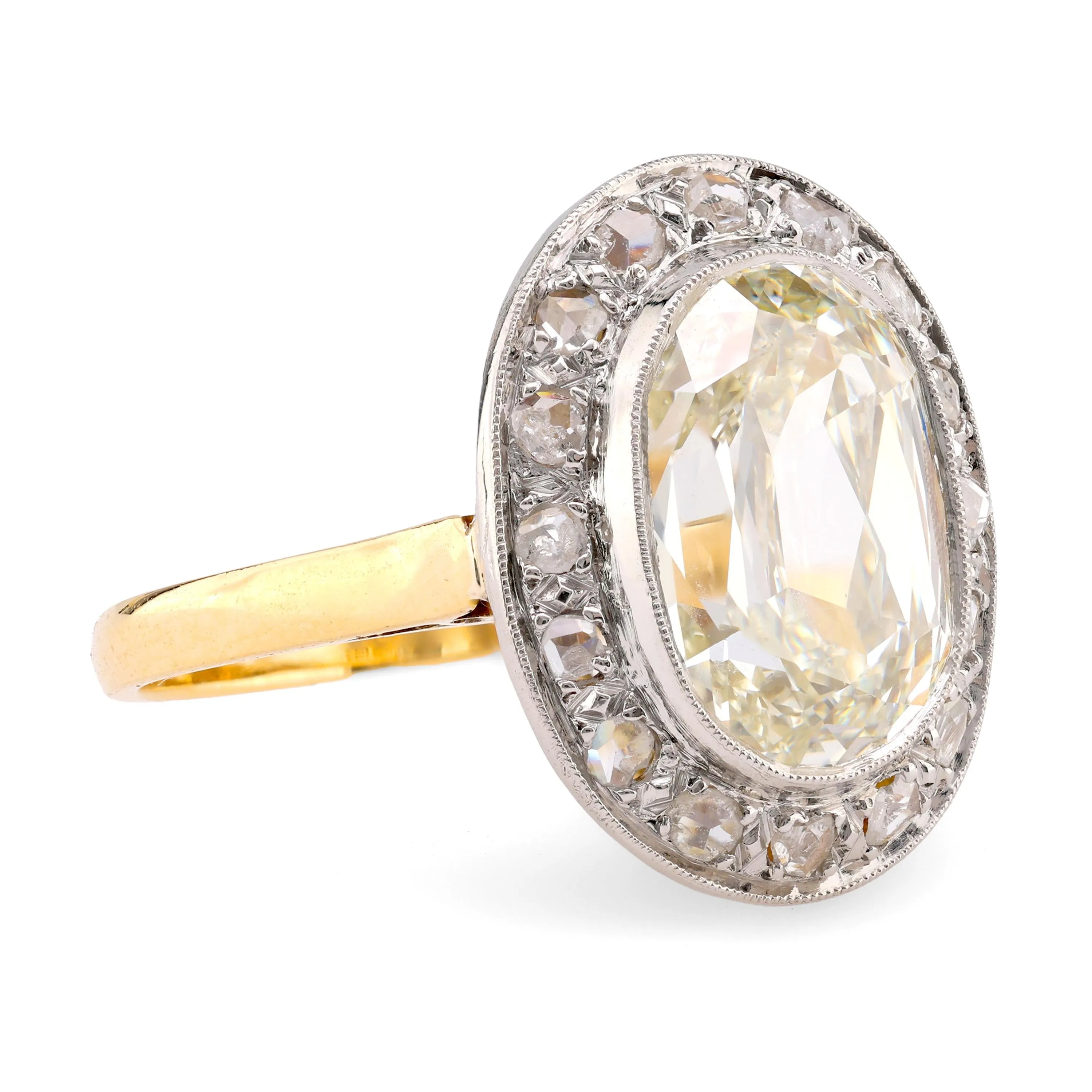 Edwardian GIA 5.02 Carat Cushion Diamond 18K Yellow Gold Cluster Ring