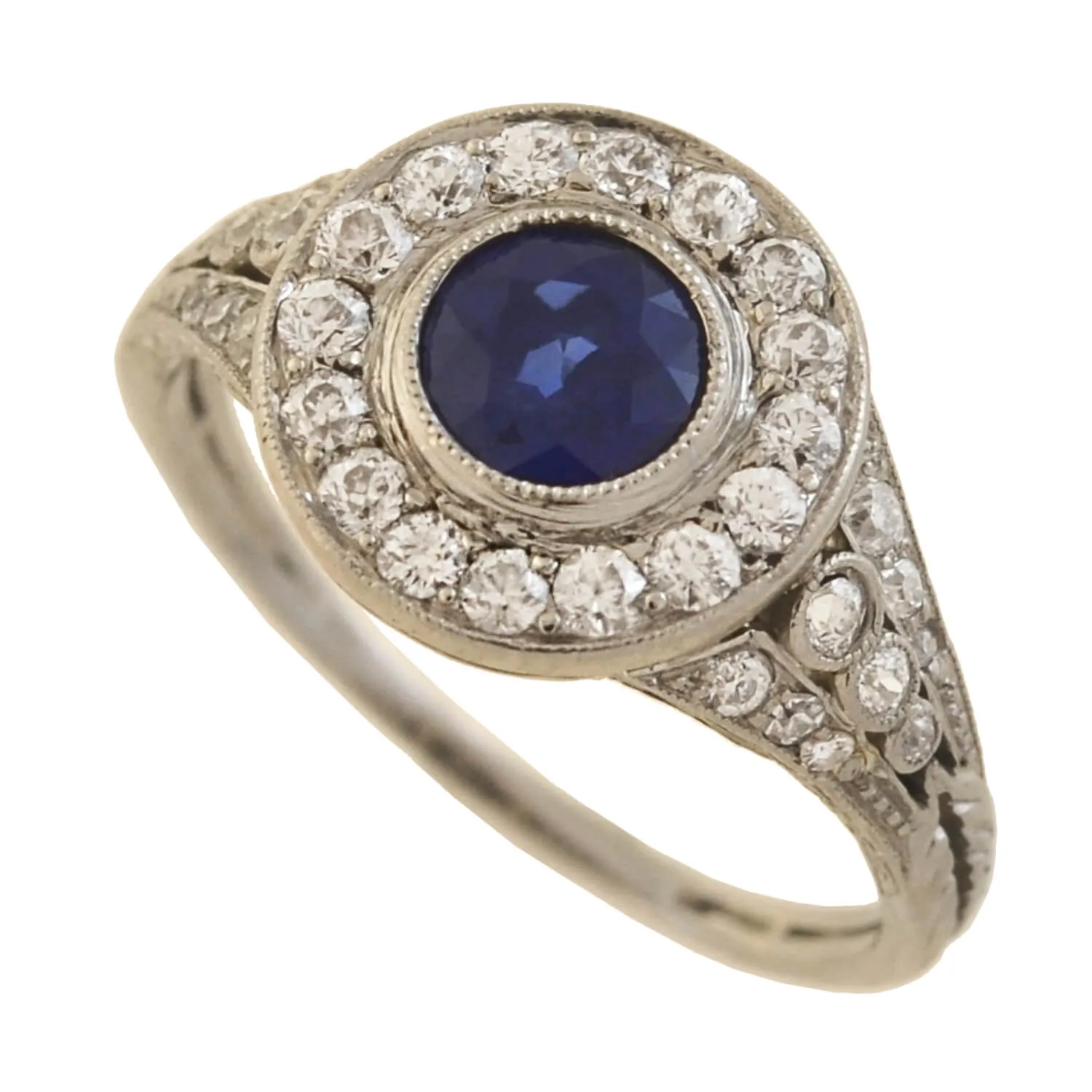 Edwardian Platinum Sapphire   Diamond Cluster Ring 0.70ct center