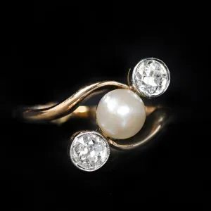 Edwardian Platinum Topped 18K Yellow Gold Pearl and 0.66 CTW Diamond Ring