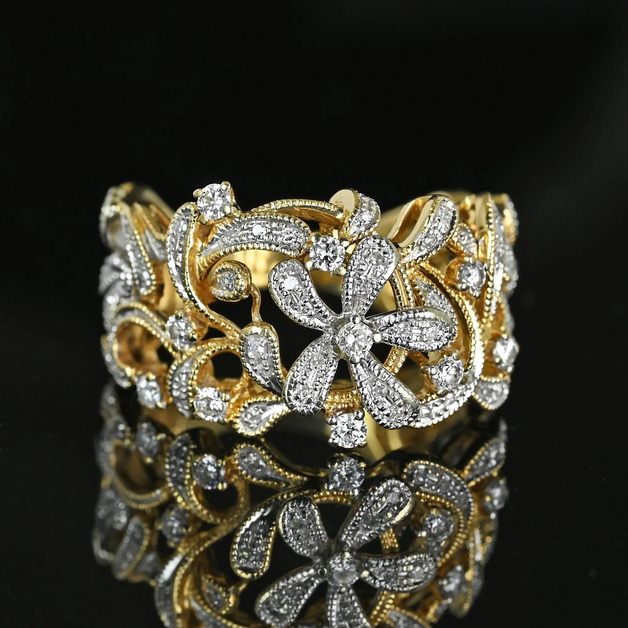 EFFY 14K Gold Two Tone Wide Floral Diamond Ring, D'Oro Collection