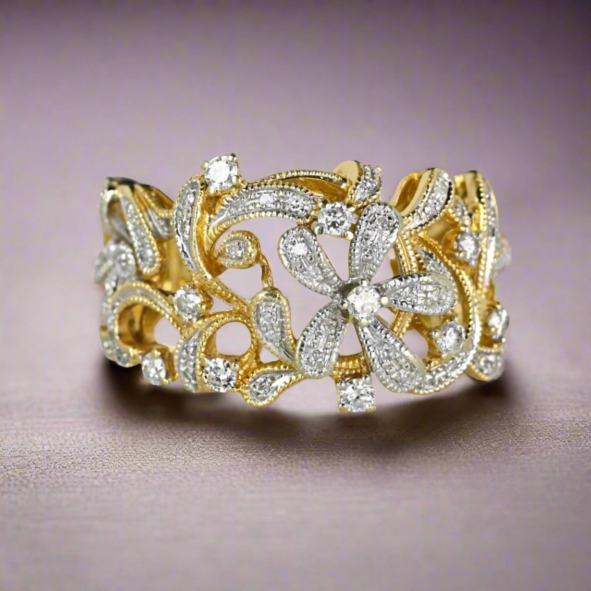 EFFY 14K Gold Two Tone Wide Floral Diamond Ring, D'Oro Collection