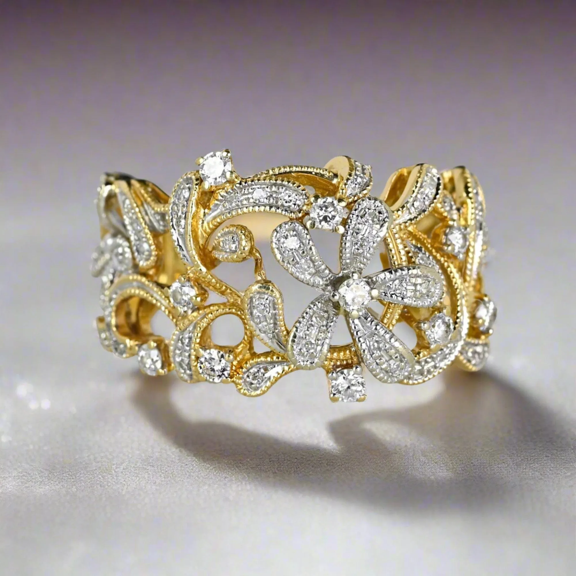 EFFY 14K Gold Two Tone Wide Floral Diamond Ring, D'Oro Collection