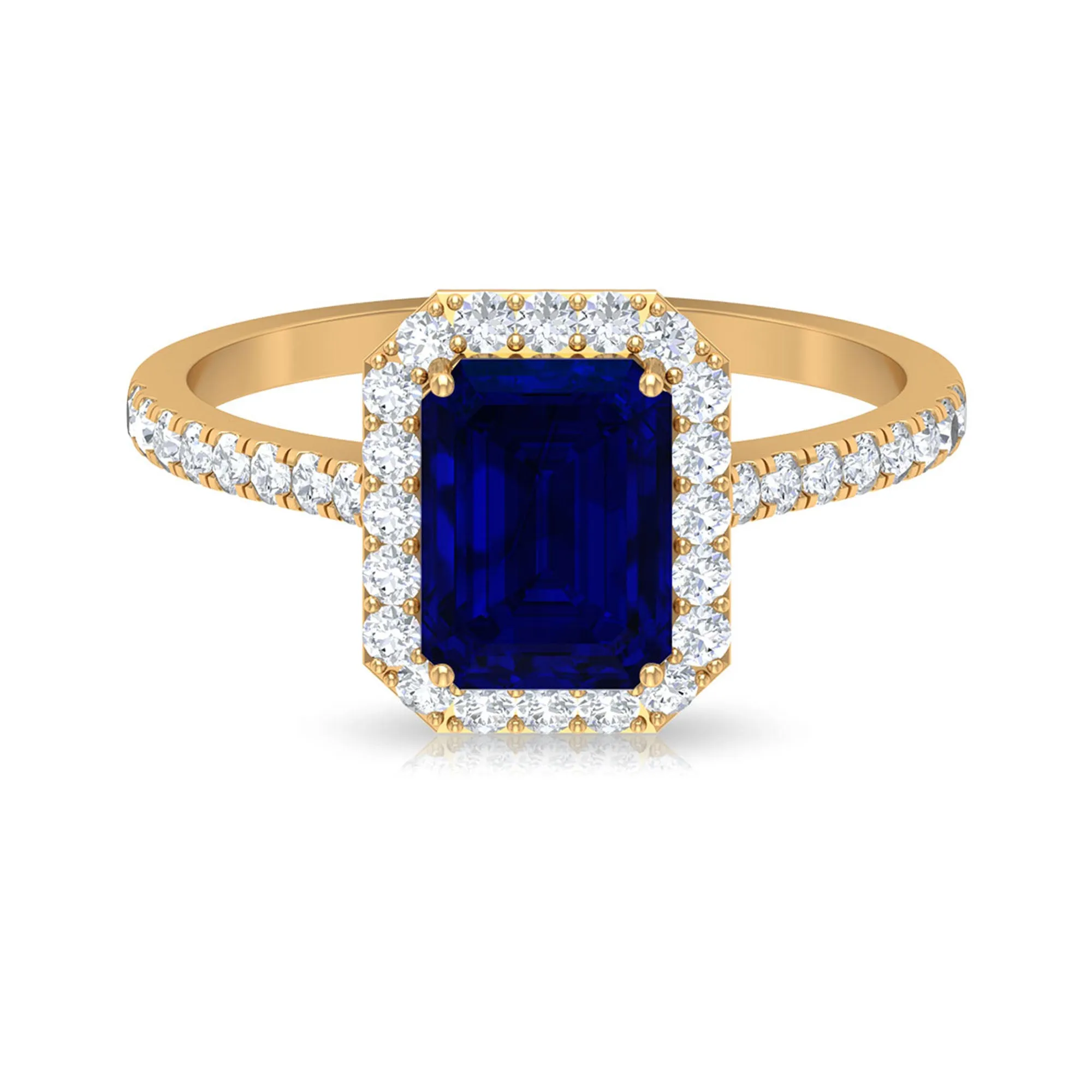 Emerald Cut Created Blue Sapphire Halo Engagement Ring with Diamond