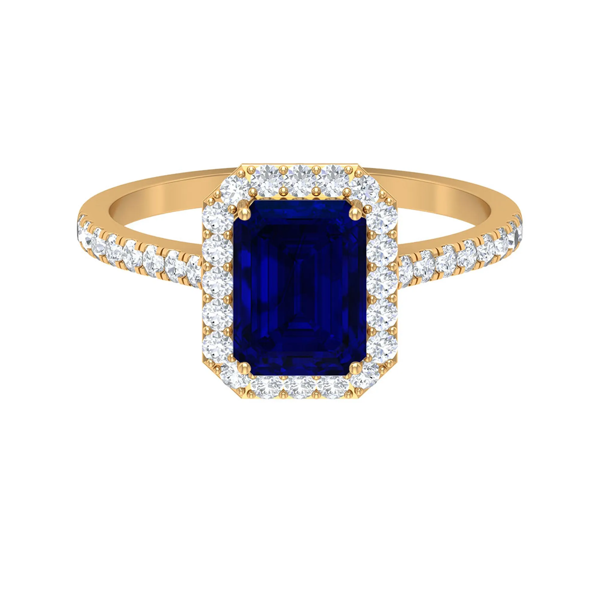 Emerald Cut Created Blue Sapphire Halo Engagement Ring with Diamond