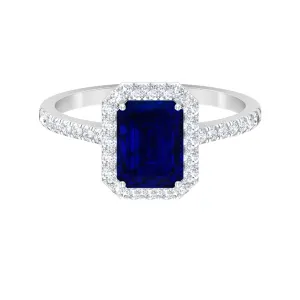 Emerald Cut Created Blue Sapphire Halo Engagement Ring with Diamond