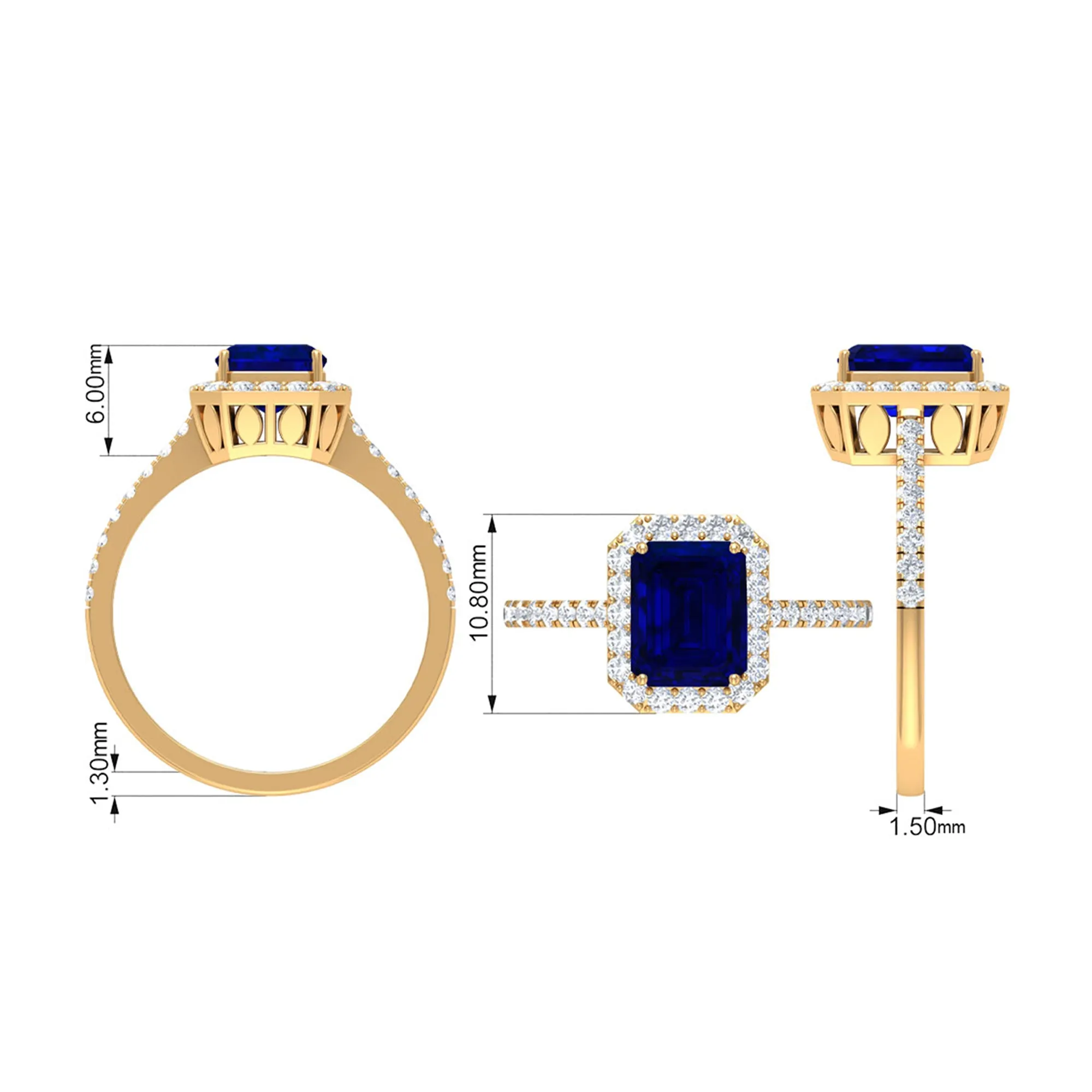 Emerald Cut Created Blue Sapphire Halo Engagement Ring with Diamond