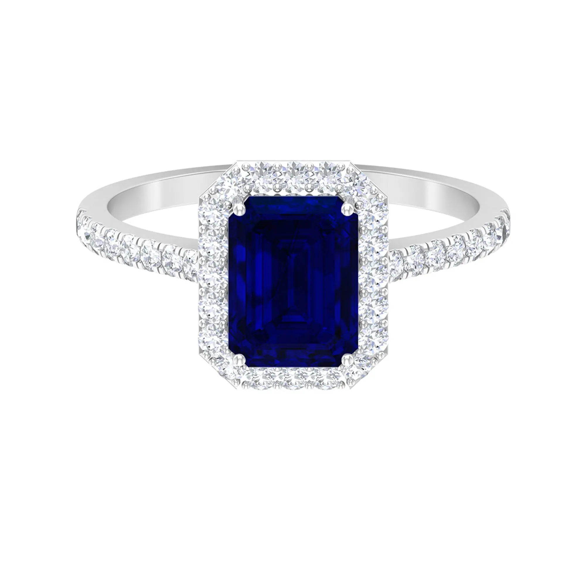 Emerald Cut Created Blue Sapphire Halo Engagement Ring with Diamond