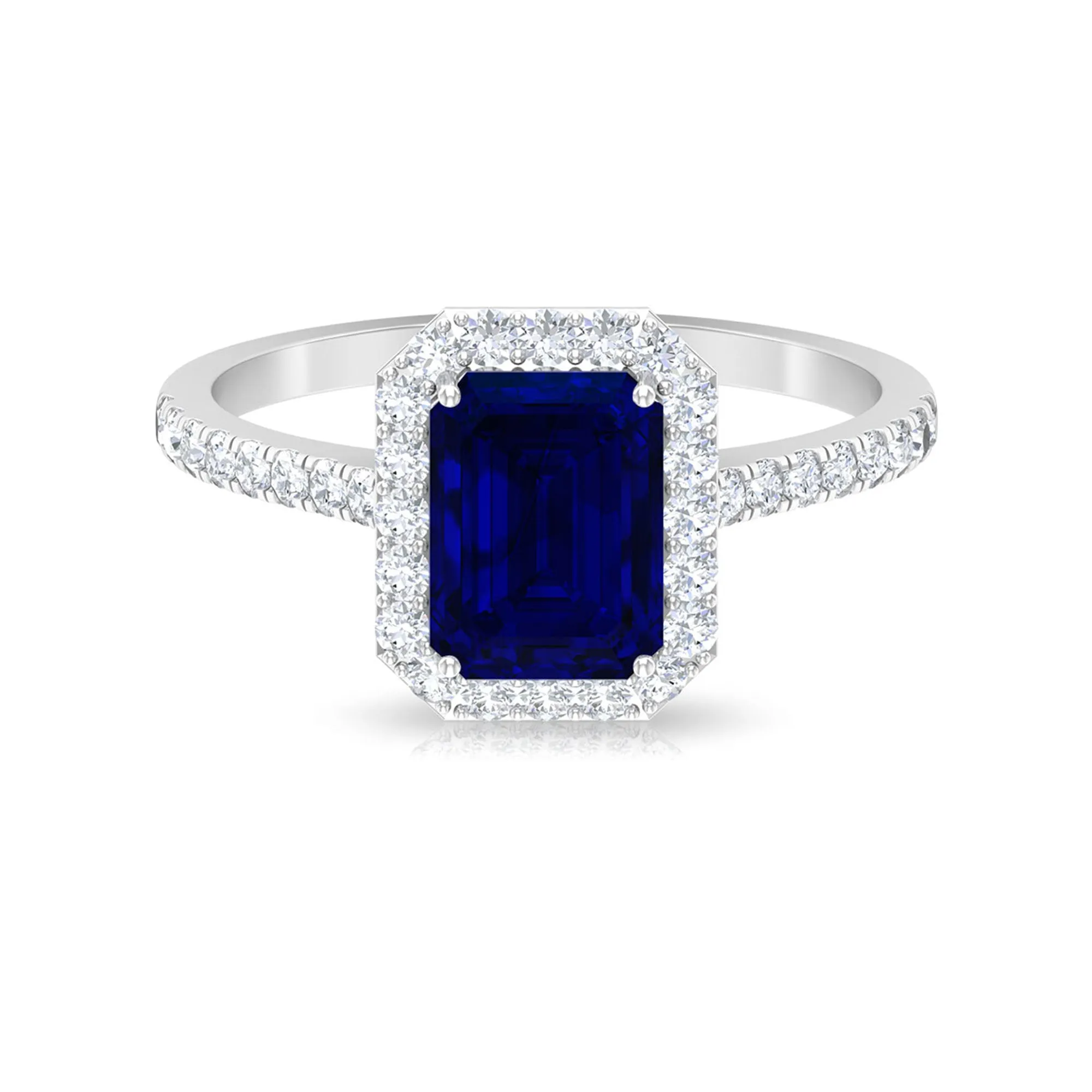 Emerald Cut Created Blue Sapphire Halo Engagement Ring with Diamond