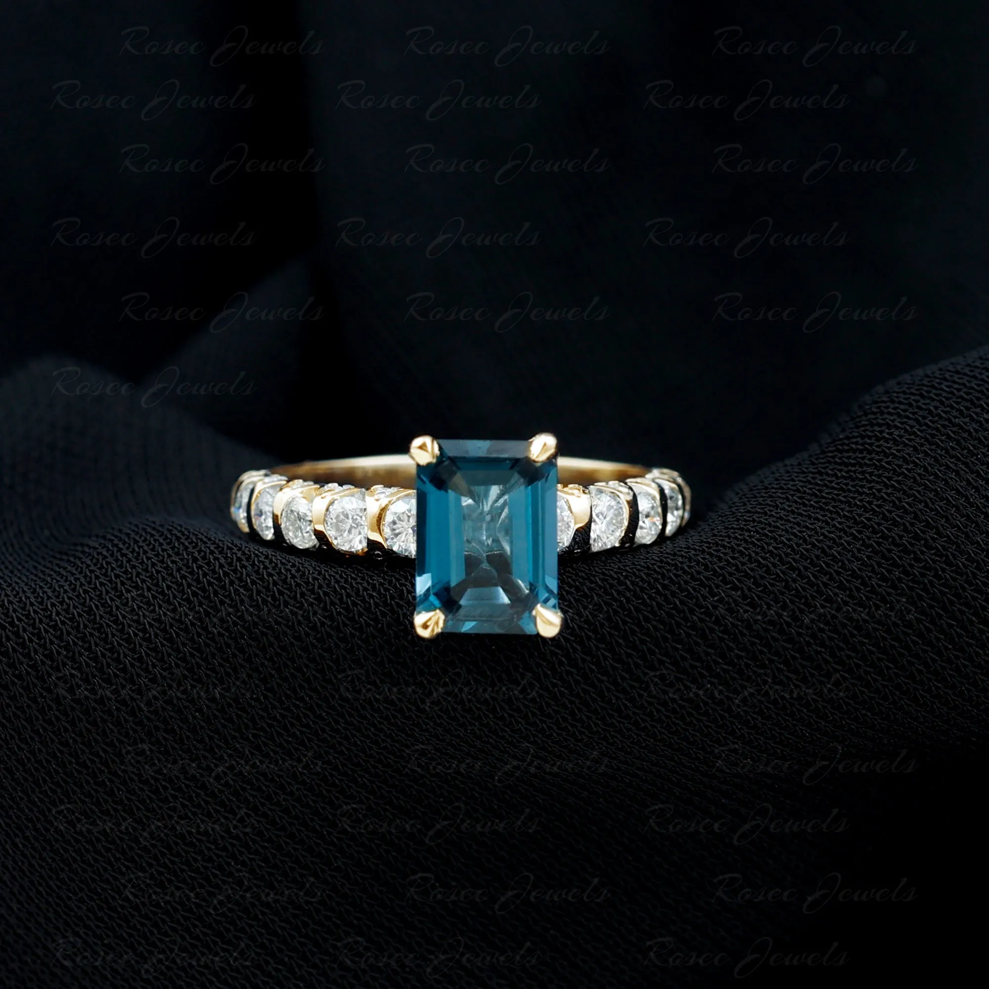 Emerald Cut London Blue Topaz Engagement Ring with Diamond